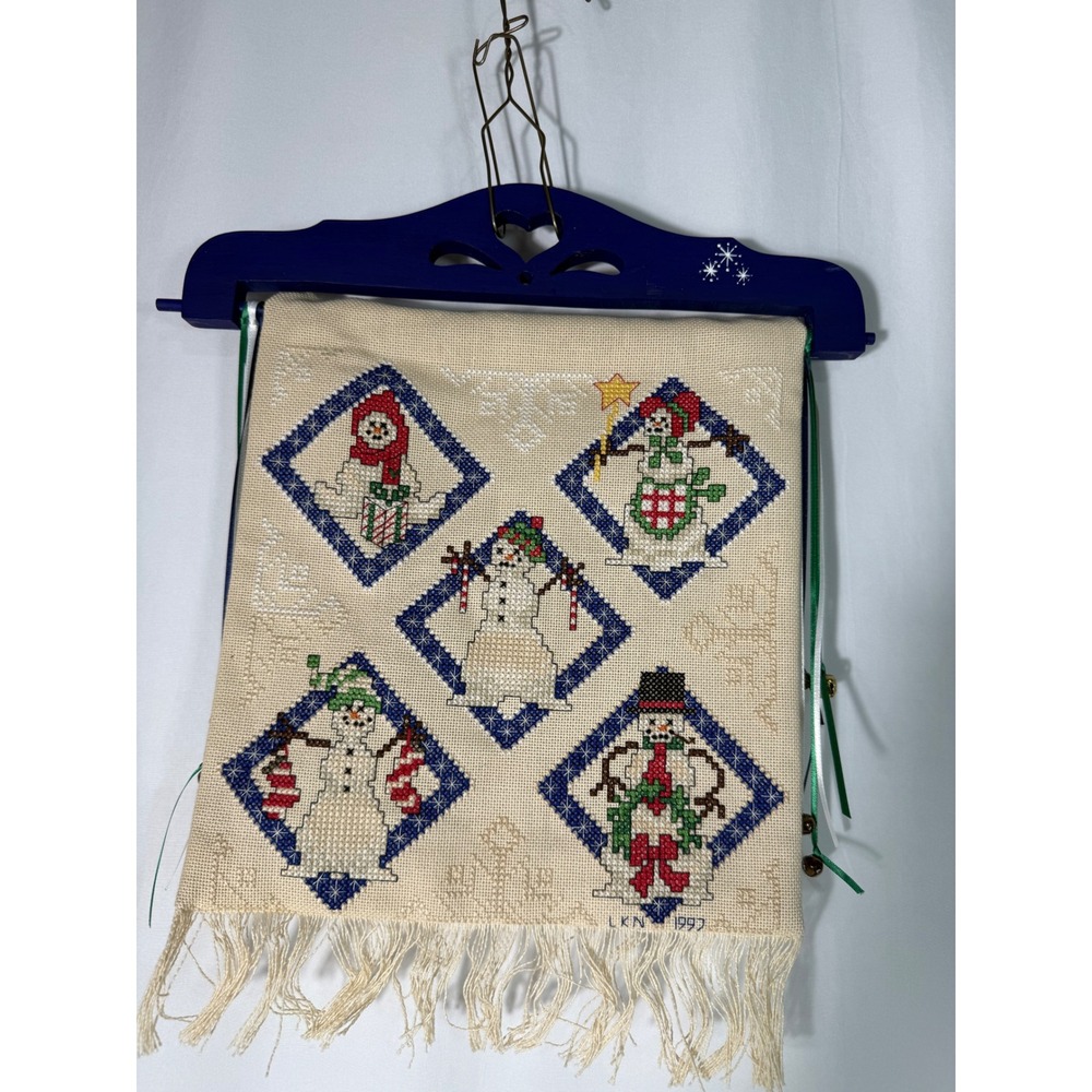 Handmade Cross Stitch Snowman Banner 1997 Christmas Decor Farmhouse Wreath